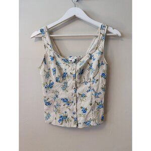 Kirious Floral Button Front Corset Tank Top Ivory Blue Green Smocked Back Size S